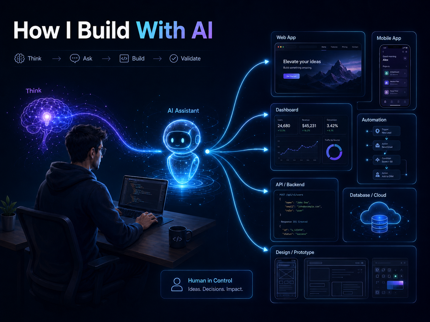 How I Build With AI workflow showing think, ask, build, validate, and AI-assisted product outputs